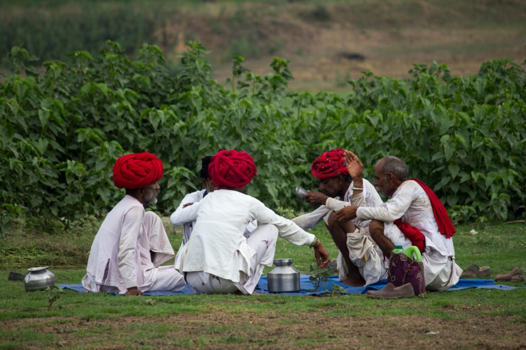 Group of Indian men in traditional attire resting in a lush green field in Indore, India.